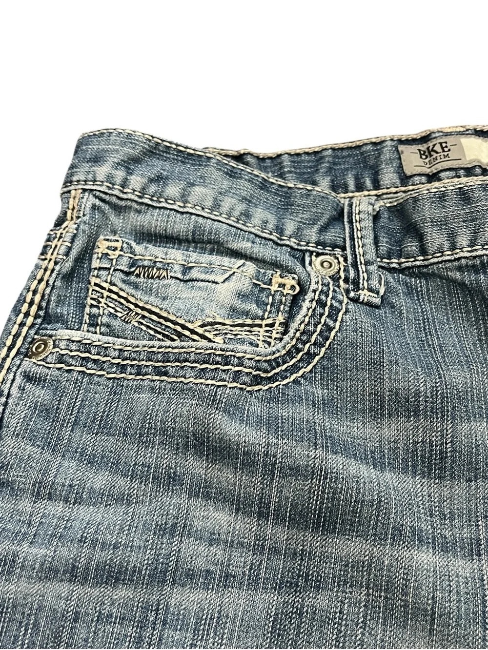 BKE Tyler Straight Leg Jeans 34R Light Wash Whiskered Distressed Y2K Denim